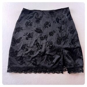 OTEL S Black Satin Floral Lace Mini Skirt Y2K Coquette Goth Romantic Slip